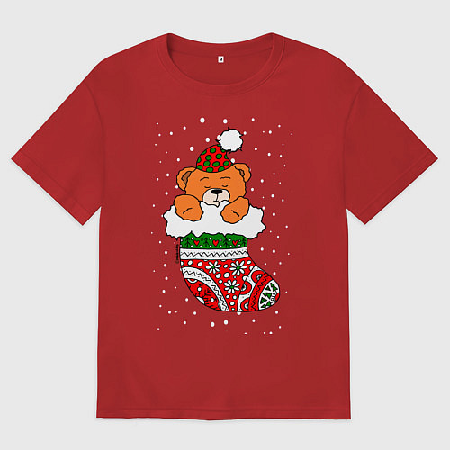 Мужская футболка оверсайз Игрушечный мишка в носке / Красный – фото 1
