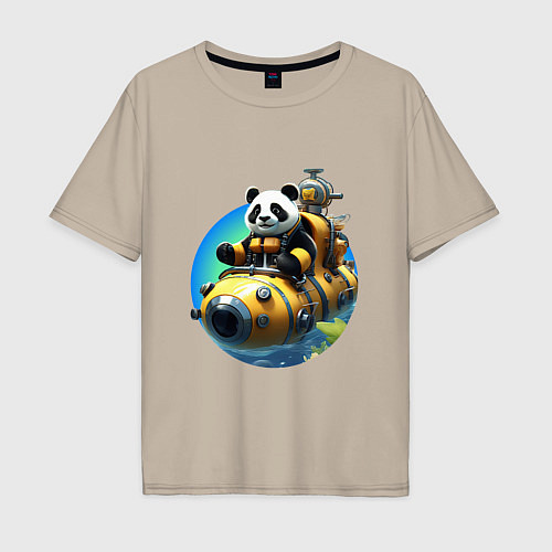 Мужская футболка оверсайз Панда-подводник / Миндальный – фото 1