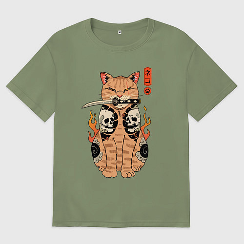 Мужская футболка оверсайз Огненный кот якудза самурай / Авокадо – фото 1