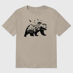 Футболка оверсайз мужская Силуэт тайги в медведе, цвет: миндальный
