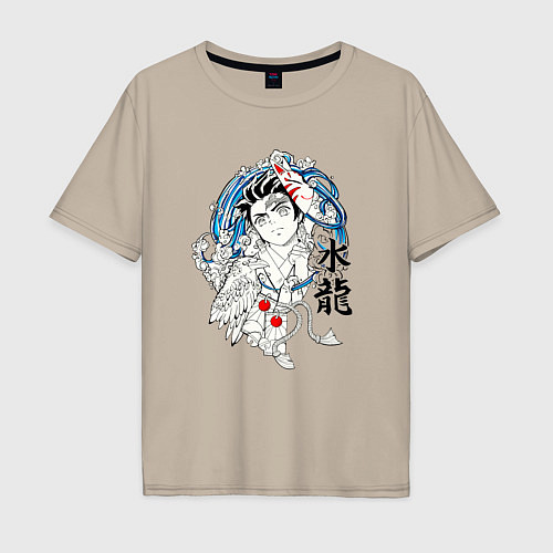 Мужская футболка оверсайз Танджиро Камадо и иероглифы / Миндальный – фото 1