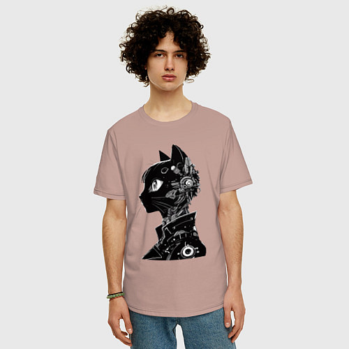 Мужская футболка оверсайз Кибер кошечка - аниме / Пыльно-розовый – фото 3
