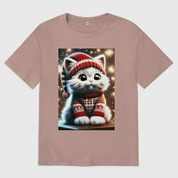 Футболка оверсайз мужская Котик в новогоднем свитере, цвет: пыльно-розовый