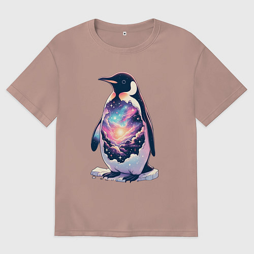 Мужская футболка оверсайз Пингвин с космосом / Пыльно-розовый – фото 1