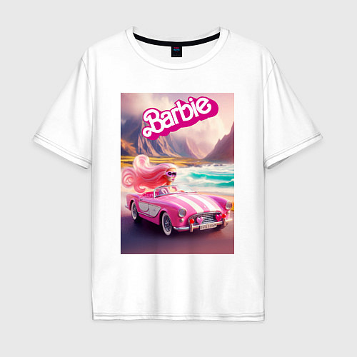 Мужская футболка оверсайз Барби в кабриолете на горной дороге / Белый – фото 1