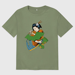 Мужская футболка оверсайз Японка с веером и катаной