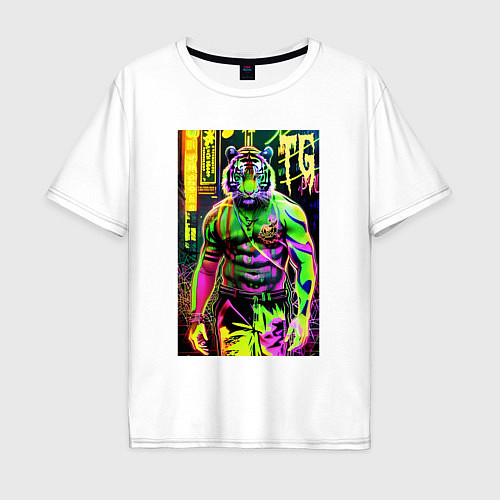 Мужская футболка оверсайз Dude tiger - neon / Белый – фото 1