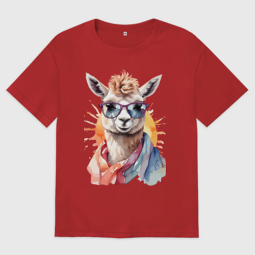 Мужская футболка оверсайз Лама в очках цвет / Красный – фото 1