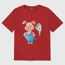 Мужская футболка оверсайз Мультяшный поросенок с сачком