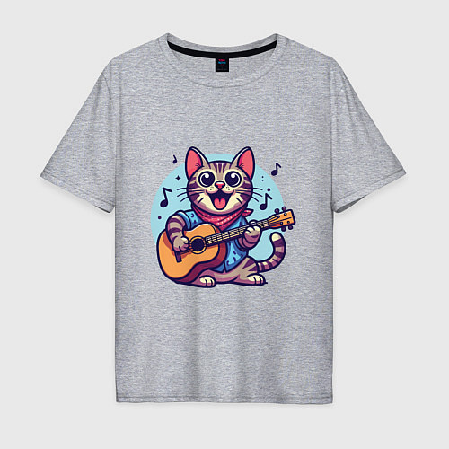 Мужская футболка оверсайз Полосатый кот играет на гитаре / Меланж – фото 1