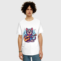 Футболка оверсайз мужская Полосатый кот играет на гитаре, цвет: белый — фото 2