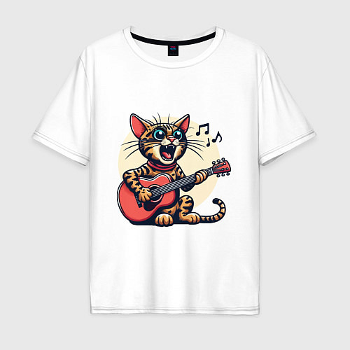 Мужская футболка оверсайз Забавный полосатый кот играет на гитаре / Белый – фото 1
