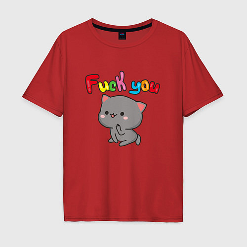 Мужская футболка оверсайз Котик fuck you / Красный – фото 1