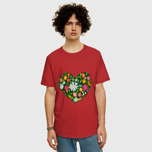 Мужская футболка оверсайз Сердце из цветов и травы / Красный – фото 3