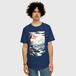 Футболка оверсайз мужская Горный пейзаж в японском стиле, цвет: тёмно-синий — фото 2