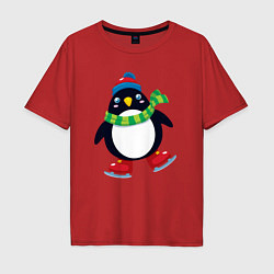 Футболка оверсайз мужская Пингвин на коньках, цвет: красный