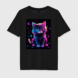 Мужская футболка оверсайз Неоновый котенок на черном фоне