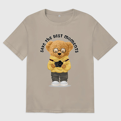 Мужская футболка оверсайз Плюшевый медвежонок с фотоаппаратом / Миндальный – фото 1