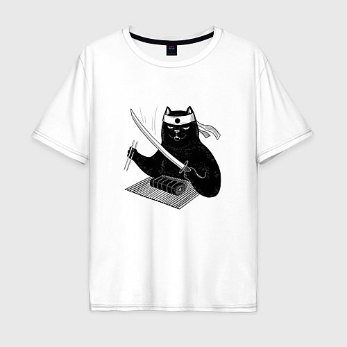 Мужская футболка оверсайз Кот сушист самурай / Белый – фото 1