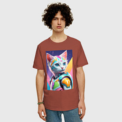 Футболка оверсайз мужская Котик в стиле киберпанк, цвет: кирпичный — фото 2