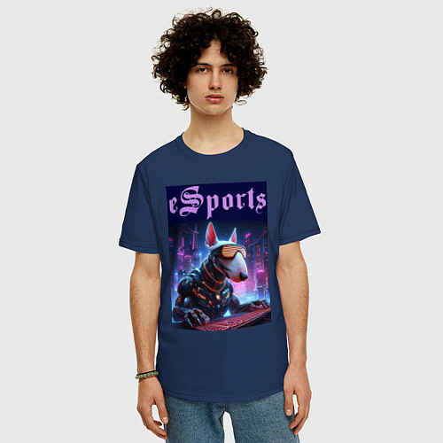 Мужская футболка оверсайз Cyber bull terrier - esports / Тёмно-синий – фото 3