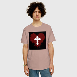 Футболка оверсайз мужская Сердце крест черный квадрат, цвет: пыльно-розовый — фото 2