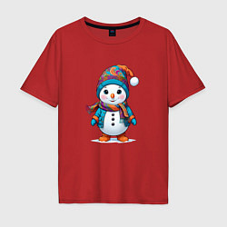 Мужская футболка оверсайз Снеговик в шапочке и с шарфом