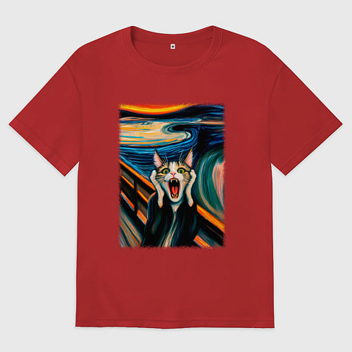 Мужская футболка оверсайз Крик кота - пародия нейросети / Красный – фото 1