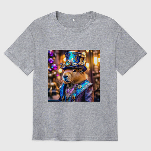 Мужская футболка оверсайз Мем капибара в цилиндре стиль стимпанк / Меланж – фото 1