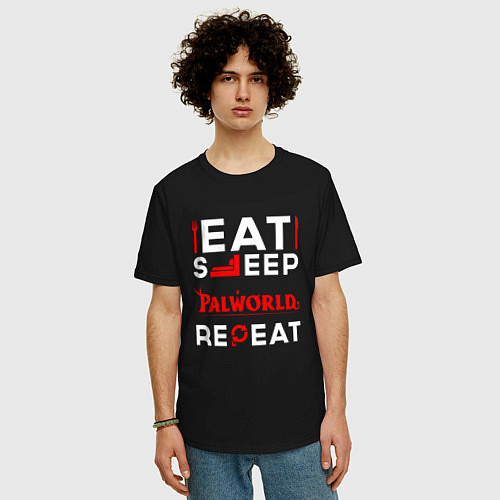 Мужская футболка оверсайз Надпись eat sleep Palworld repeat / Черный – фото 3