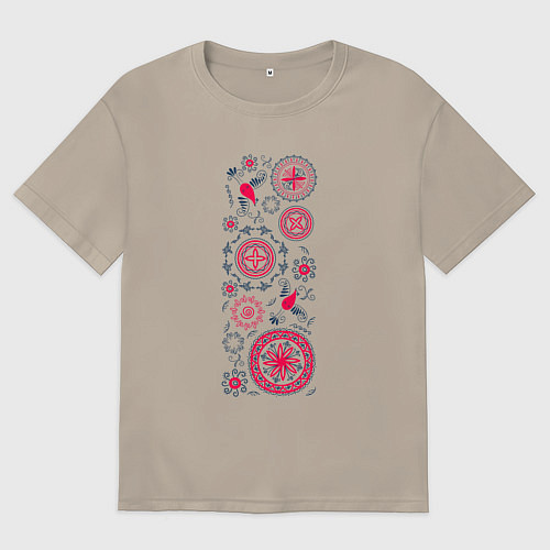 Мужская футболка оверсайз Славянские символы солнца круги и птицы / Миндальный – фото 1