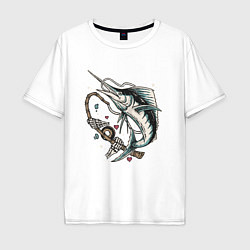 Мужская футболка оверсайз Скелет рыбалка