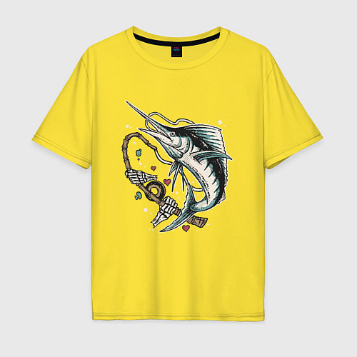 Мужская футболка оверсайз Скелет рыбалка / Желтый – фото 1