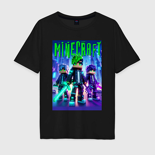Мужская футболка оверсайз Cyberpunk and Minecraft - collaboration / Черный – фото 1