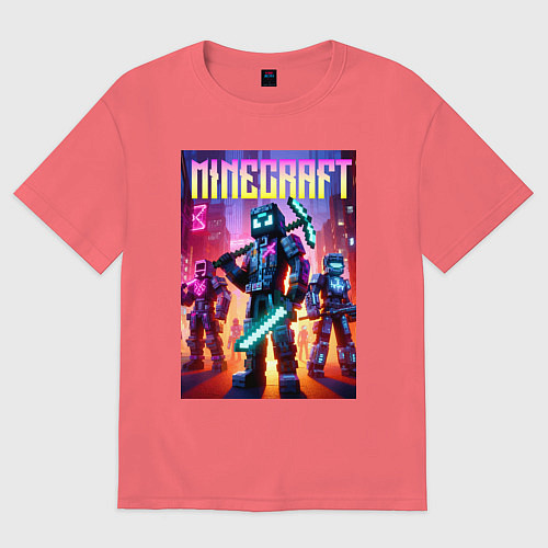 Мужская футболка оверсайз Cyberpunk and Minecraft - ai art collaboration / Коралловый – фото 1