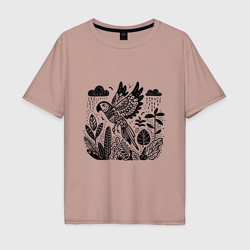 Мужская футболка оверсайз Летящий попугай и растения / Пыльно-розовый – фото 1