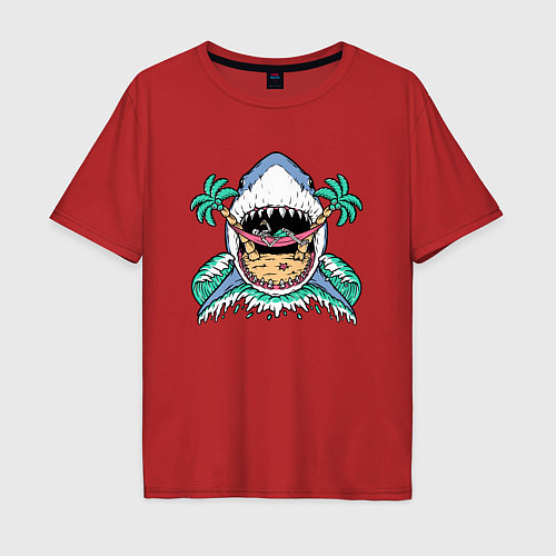 Мужская футболка оверсайз Акула скелет и пальмы / Красный – фото 1