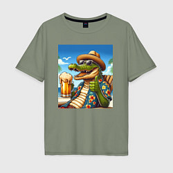 Футболка оверсайз мужская Чувак крокодил с пивом на пляже, цвет: авокадо