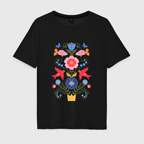Мужская футболка оверсайз Древо жизни с цветами / Черный – фото 1