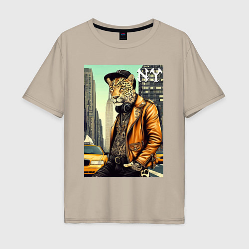 Мужская футболка оверсайз The cool leopard is a New Yorker / Миндальный – фото 1