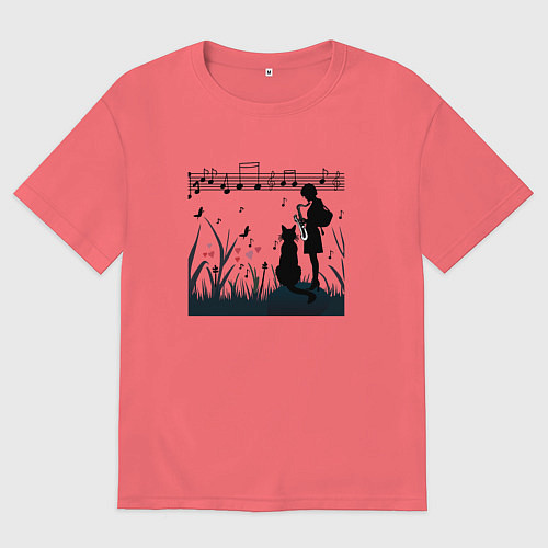 Мужская футболка оверсайз Девушка и кот или музыка для души / Коралловый – фото 1