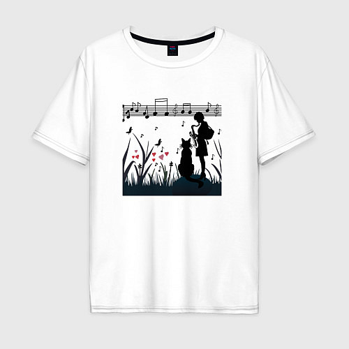 Мужская футболка оверсайз Девушка и кот или музыка для души / Белый – фото 1