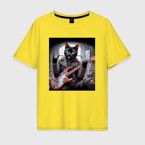 Мужская футболка оверсайз Чёрный котяра рок гитарист / Желтый – фото 1