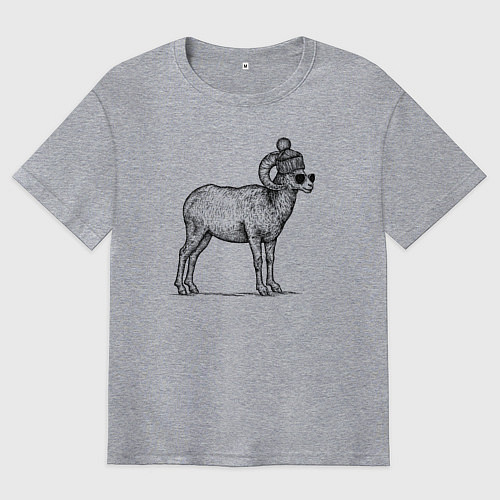 Мужская футболка оверсайз Баран в шапке с помпоном / Меланж – фото 1