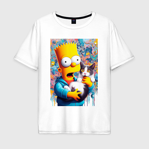 Мужская футболка оверсайз Bart Simpson with a kitten - ai art / Белый – фото 1