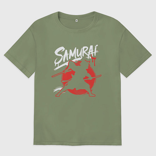 Мужская футболка оверсайз Кот самурай силуэт / Авокадо – фото 1