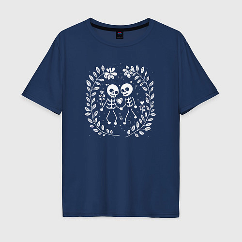 Мужская футболка оверсайз Влюбленные скелеты в цветах / Тёмно-синий – фото 1