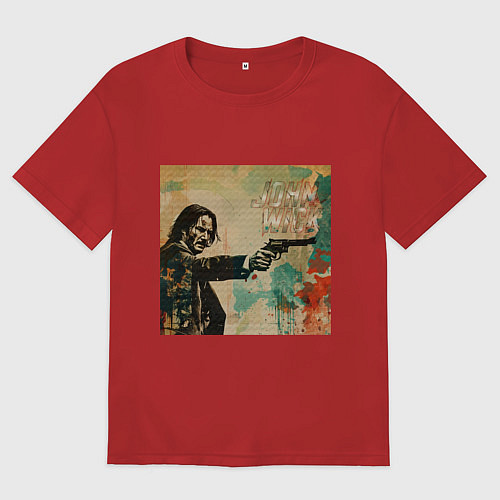 Мужская футболка оверсайз Джон Уик с пистолетом портрет в стиле гранж / Красный – фото 1