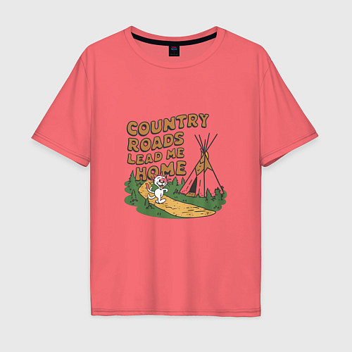 Мужская футболка оверсайз Country roads lead me home / Коралловый – фото 1