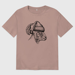 Футболка оверсайз мужская Баран в новогоднем колпаке, цвет: пыльно-розовый